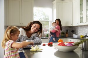 happy family in cooking area after completing kitchen refacing in Orlando